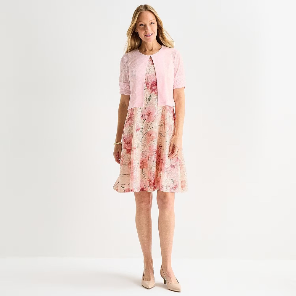 MSRP $94 Perceptions Womens 2 Piece XL Blush Floral Lace Jacket Dress